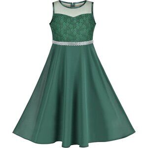 🆕Girls Green Rhinestone Chiffon Bridesmaid Dance Ball Maxi Gown Dress